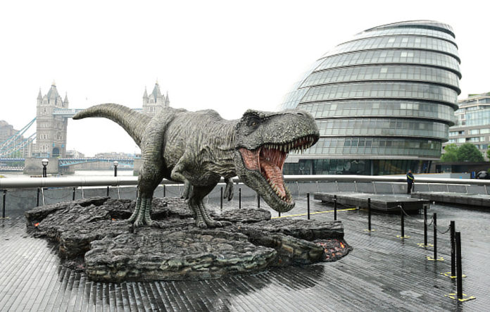 A T-Rex statue during a photocall for Jurassic World: Fallen Kingdom, held at the Strada, London. (Photo by Ian West/PA Images via Getty Images)