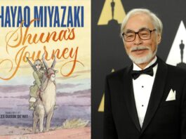 English cover of Hayao Miyazaki graphic novel next to portrait of Miyazaki