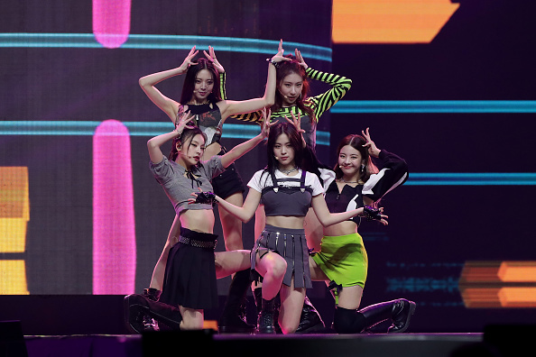 ITZY performing at the 2021 "World K-Pop" concert event.